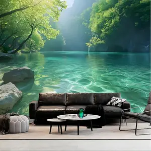 Natural Forest Lake Scene Tapestry Rainforest Stream Scenery Wall Decor Art Decoration for Bedroom Living Room Green Water View