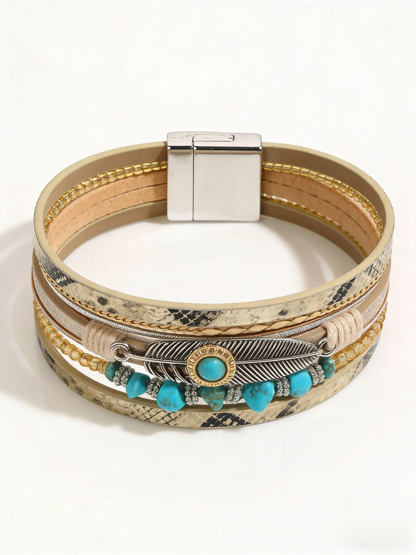 Multi-Layer Leather Turquoise Feather Bracelet, Bohemian Tribal Statement Jewelry with Genuine Turquoise Beads, Metal Feather Charm, Snake Print Leather & Magnetic Clasp for Women's Daily Wear, Festival, Boho Chic & Casual Occasions