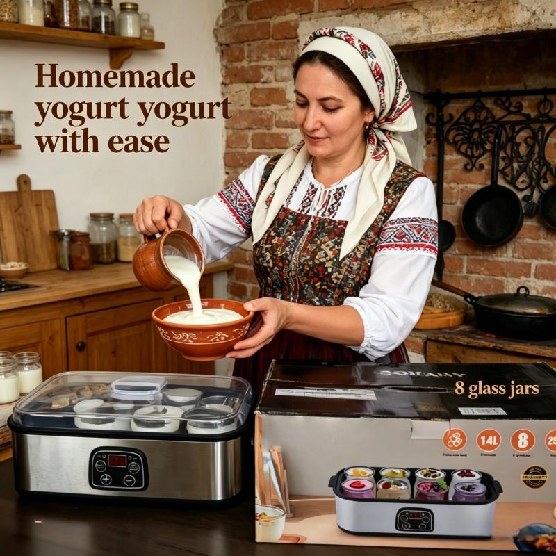 Fully automatic yogurt machine with adjustable temperature and 48 hour time control for fresh homemade yogurt desserts, 8 cans, LED display screen, multifunctional electric yogurt machine