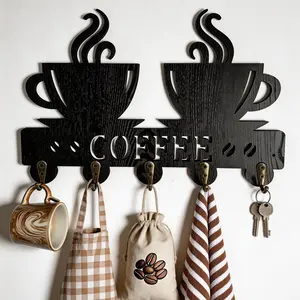 Wooden Coffee Cup Shaped Wall Mount Key Hook, Durable Storage Hanger with 5 Alloy Hooks, 11.8x7.6 Inches, for Bedroom Kitchen Hallway Office