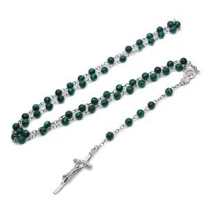Malachite for Cross Pendant Rosary Beads Chain Necklace Christian Religion Men C