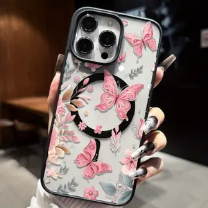 Aesthetic Pink Butterfly Floral MagSafe Clear Phone Case for iPhone 17 15 16 14 Pro Max 13 12 11XR XS Air Plus Non-Yellowing Soft Silicone Transparent Acrylic CoverProtection Cellphone Casing Supports Wireless Charging
