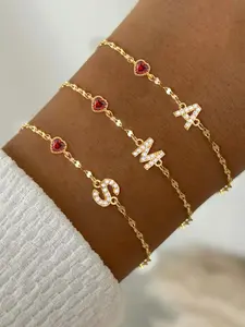 Women's Zirconia Initial Letter Heart Bracelet, Stainless Steel Lip Chain Design, Casual All-Season Jewelry Accessory