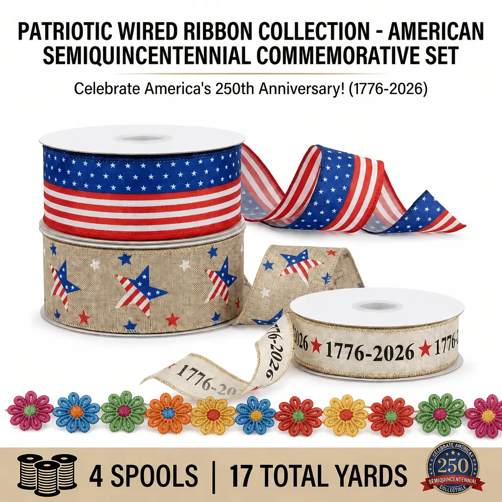 America 250th Anniversary Patriotic Wired Ribbon Set - 17 Yards Total: 3 Rolls x 5 Yd Rustic Burlap Stars and Stripes plus 2 Yd Floral Ribbon, 1776-2026 Semiquincentennial Ribbon for 4th of July Wreaths, Farmhouse Crafts and Decor