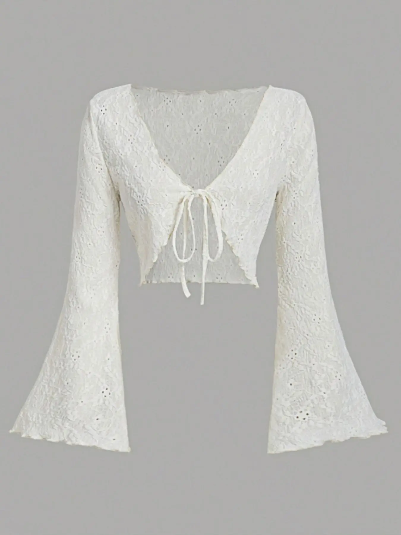 Women's Lace Trim Tie Neck Longsleeves Crop Fitted Sweater Cardigan, Cropped Sweater, Casual Long Sleeve Open Front Crochet Knitting Cardigan for Daily Wear, Ladies Clothes for All Seasons, Fashion Knitwear, Tops, Knitwear, Womenswear