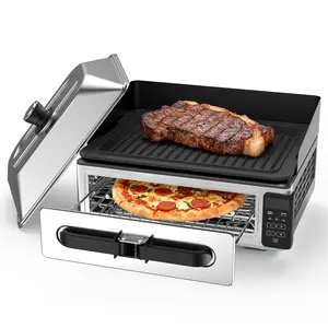 Electric Grill Indoor for Steak and Veggies, Smokeles Griddle with Lid for Kitchen Cooking, Countertop Oven Includes Temp Control/Grill Plate/Splash Guard/Crumb Tray