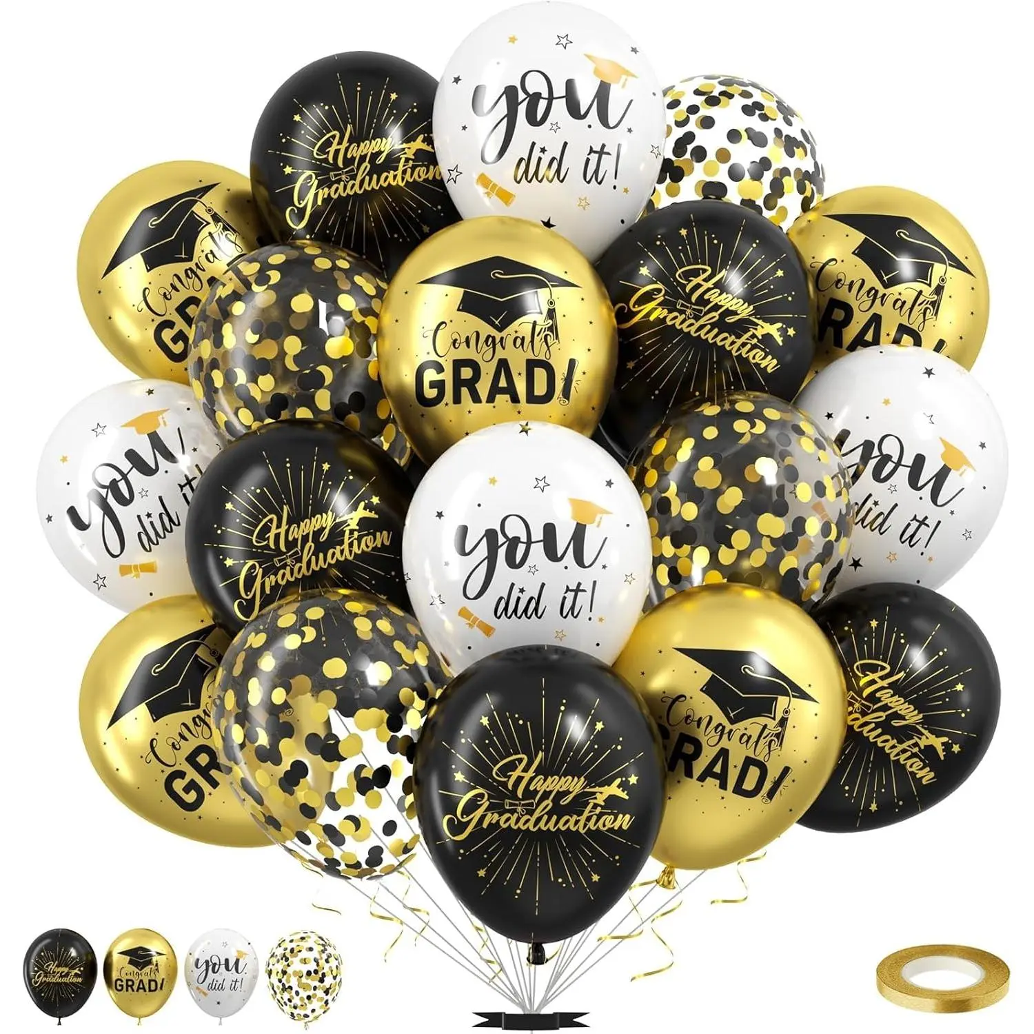 12-Inch Metallic Gradient Balloons Set (50Pcs, Black-Gold-White) - Durable College Grad Decor, 2026 Class Hand-Held Supplies with Curling Ribbon for High School Congrats Party Balloon Decor, Nursing Grad Accents