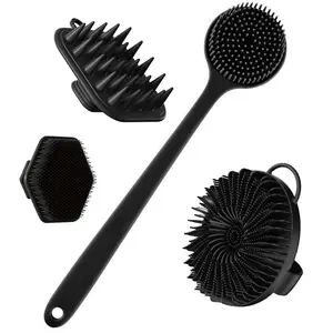 Silicone Body Brush Bath Set, Includes Long Handle Back Scrubber, Shower Brush, Head Wash Brush, Face Cleaning Brush, Exfoliating Bath Tool