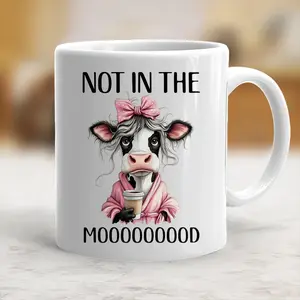 Stylish Printed Ceramic Classic Coffee Cup - Funny Cow "Not In The Mood" Design, Beverage Drinkware for Friends, Coworkers - scs10391