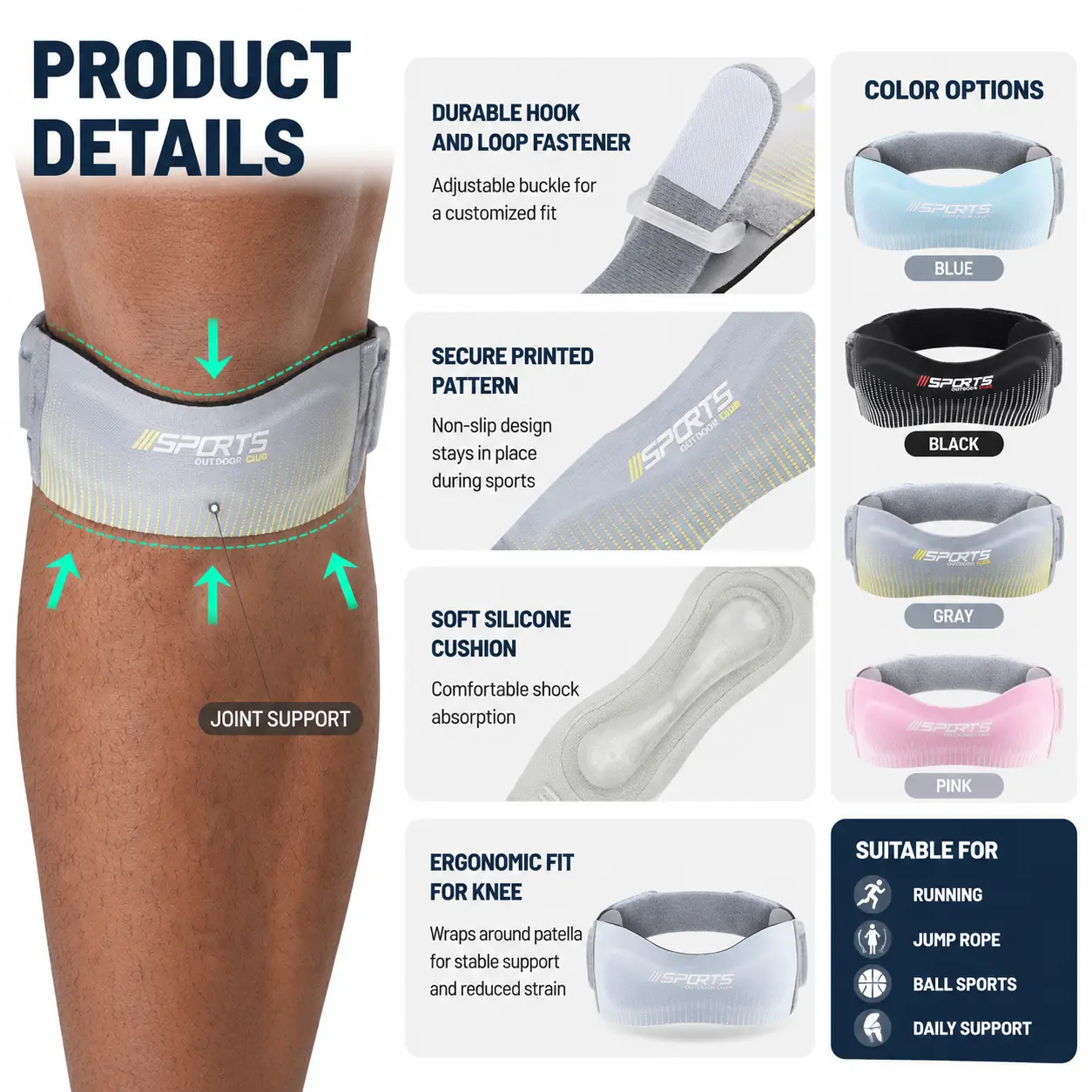 Adjustable Patella Knee Strap Compression Knee Brace Shock Absorbing Knee Support Sleeve for Basketball Running Fitness Outdoor Sports Knee Joint Protection