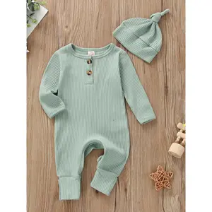 Infant Baby Jumpsuit and Hat Set, Solid Knit Ribbed Long Sleeve Crew Neck Button Romper  Clothes