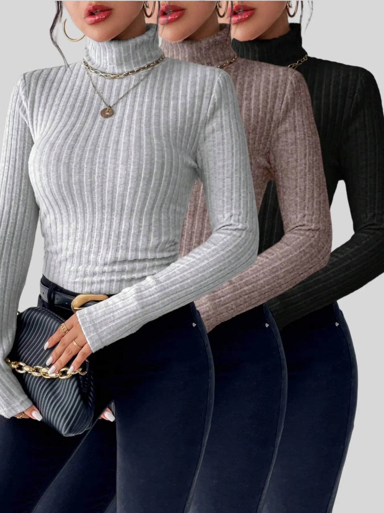 Women's Fall Winter T-Shirt Set, High Neck Fitted Turtleneck Warm Long Sleeve, Soft Comfortable Moderate Thickness Fabric, Must-Have Casual Fit Chic Ladies Clothing for Autumn & Winter, Womenswear Tops