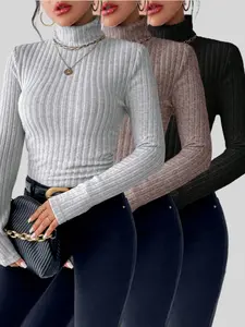 Women's Fall Winter T-Shirt Set, High Neck Fitted Turtleneck Warm Long Sleeve, Soft Comfortable Fabric, Must-Have Ladies Clothing for Autumn & Winter