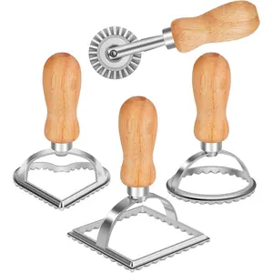 Ravioli  Maker  with Roller Wheel (Set of 4), Wooden Handle and Fluted Edge, for Ravioli, Pasta, Dumplings Lasagna, Pierogi