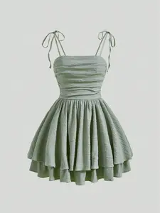 Tie Shoulder Ruched Two Layer Hem Cami Dress
