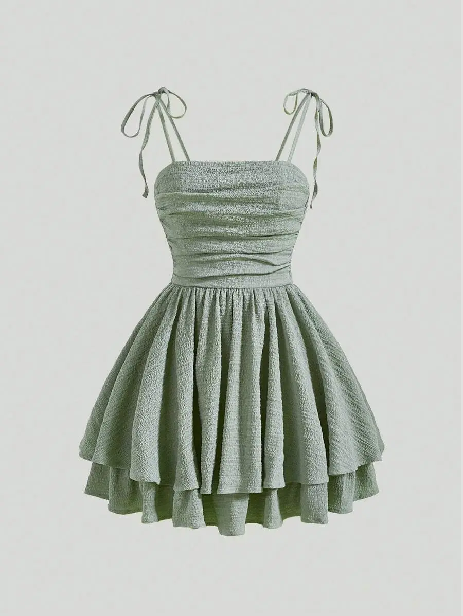 Tie Shoulder Ruched Two Layer Hem Cami Dress