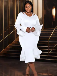 【Plus Size】 Solid Bow Decor Mermaid Dress, Elegant Long Sleeve Dress for Holiday Wedding Guest, Party Gown, Formal Dresses Women, Women's Clothes for All Seasons