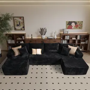 【3Packages Shipping】134" U-Shaped Cloud Sectional Couch Plush Corduroy Modular Sofa with Double Chaise No Assembly Deep Seat Boneless Sofa Set for Living Room Modern Minimalist Design Fast Shipping Black Couch