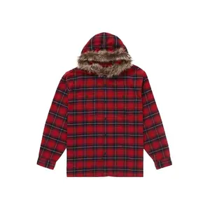 Supreme Men's Fur Trim Flannel Hooded Shirt Red Plaid, from StockX