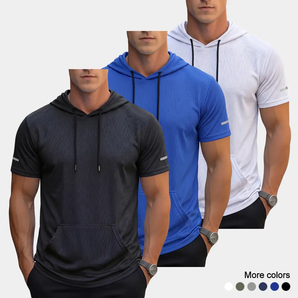 Men’s Short Sleeve Hooded Tee, Casual Pullover T-Shirt with Kangaroo Pocket & Drawstrings