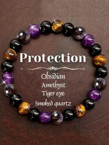 1pc Elegant Natural Stone Protection Bracelet for Women - Amethyst, Obsidian & Smoked Quartz Beaded Elastic Wristband, Black & Golden-Tone Design, Perfect for Daily Wear & Gift Giving, Daily Wear Bracelet | Elegant Bracelet | Beaded Bracelet