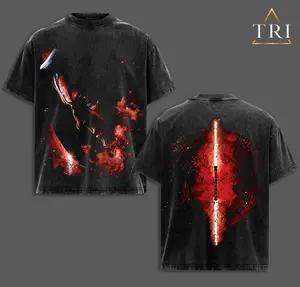Darth Maul "Dark Side Warrior" Edition Oversize Lightweight Acid Washed Cotton T-Shirt, Double-Printed Vintage Graphic Tee, Classic Round Neck Soft Apparel for Men's Streetwear & Sci-Fi Fans