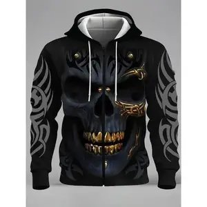 Men's fashionable casual novel 3D skull pattern printed zipper pocket hoodie