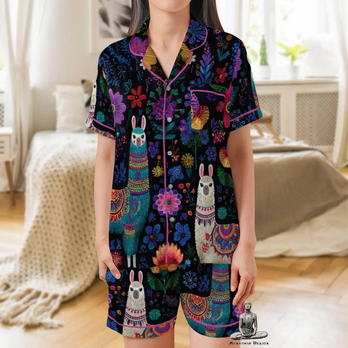 Llama Pajama Set Short Sleeves, Llama with Flowers Woman's Satin Pajama Short Sleeve Pajamas Alpaca, Classic Fashion, Fits Every