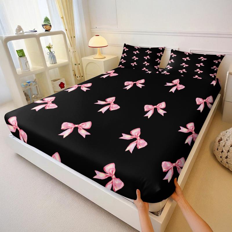 3-piece Bedding Set Features A Black Background With Pink Bow Print, A Fitted Sheet, And Two Unfilled Pillowcases. The Sweet And Cool Color-blocked Style Creates A Unique And Girly Bedroom Décor, Making It A Perfect Gift Choice. Bed Sheet Sets