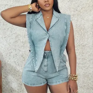 Women's Denim Jumpsuit Fashionable and Comfortable Sleeveless V-neck Lapel Suit Vest Work Business Short Denim Jumpsuit Fit Womenswear Button Check Jacket Overalls