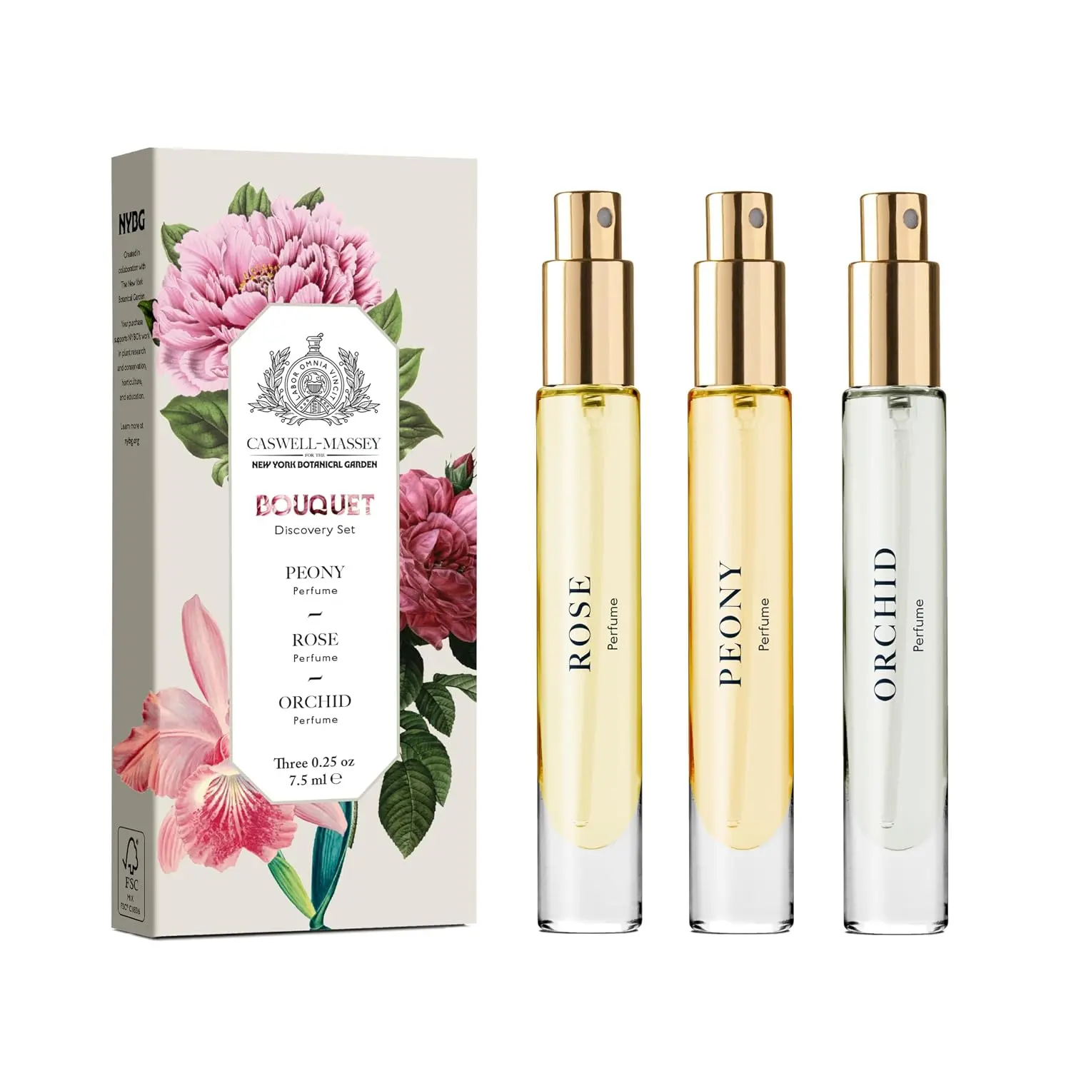 Caswell-Massey Bouquet Discovery Set | Floral Fragrance Set for Women | Peony, Orchid, Rose Perfumes | 3 x 0.25oz Fragrance Gift Set