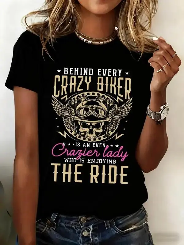 Lady's 'Behind Every Crazy Wife' Graphic T-Shirt, Loose Fit Round Neck Short Sleeve Tee, 180GSM Heavyweight Fabric, Gift for Motorcycle Moms