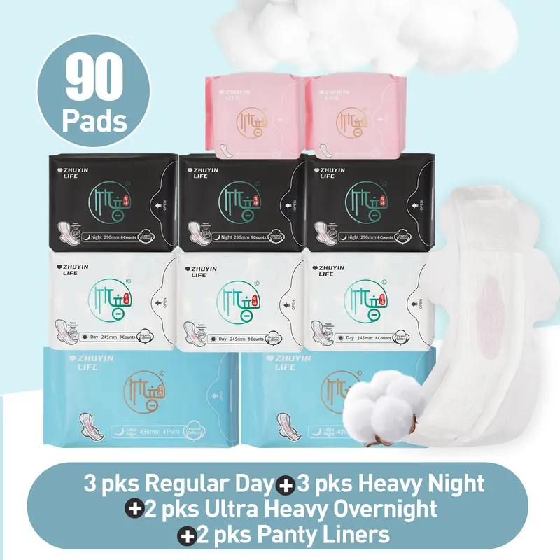 Zhuyin Mixed Bundle Menstrual Pads, 10 Packs / 90 Count, Organic Cotton Unscented Sanitary Napkins, Super Absorbent, Day 245mm, Heavy Night 290mm, Ultra Long 430mm, Mini 155mm