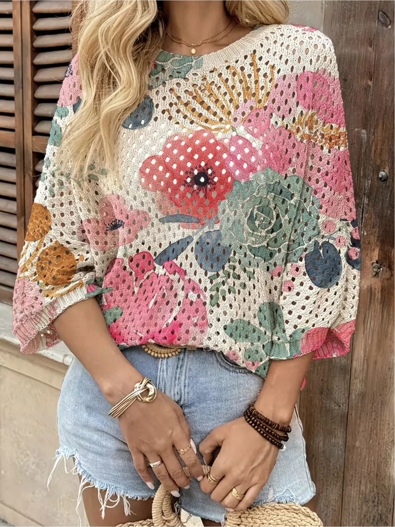 Spring & Summer collection, round-neck open-front loose batwing shoulder sleeve pullover, color-block multi-color floral print women's Fabric Knit Top, beach style, Boho chic sleeve, bohemian beach-style seaside pullover