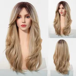 Evie-DWY Mid-Length Wavy Ombre Blonde with Bangs Glueless Synthetic Wig for Women 24 Inches