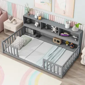 Twin Size Floor Bed Frame with  Bedside Bookcase,Shelves,Guardrails, Wood Twin Bed Frame