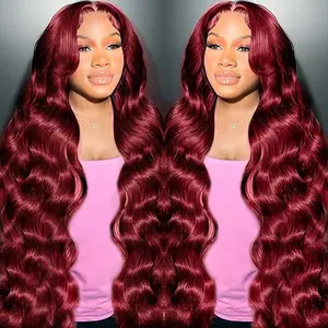 CheetahBeauty 99J/Natural Black Color 200% Density 13x6 Burgundy Body Wave Full Frontal Real Hair Lace Wig For Women