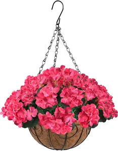 RZHfffhua Artificial Flowers Hanging Basket with Begonia Silk Flowers for Outdoor/Indoor, Artificial Plants in Coco Coir Liner Basket Artificial Geranium Flowers for Patio Lawn Garden Decor(Rose Red)