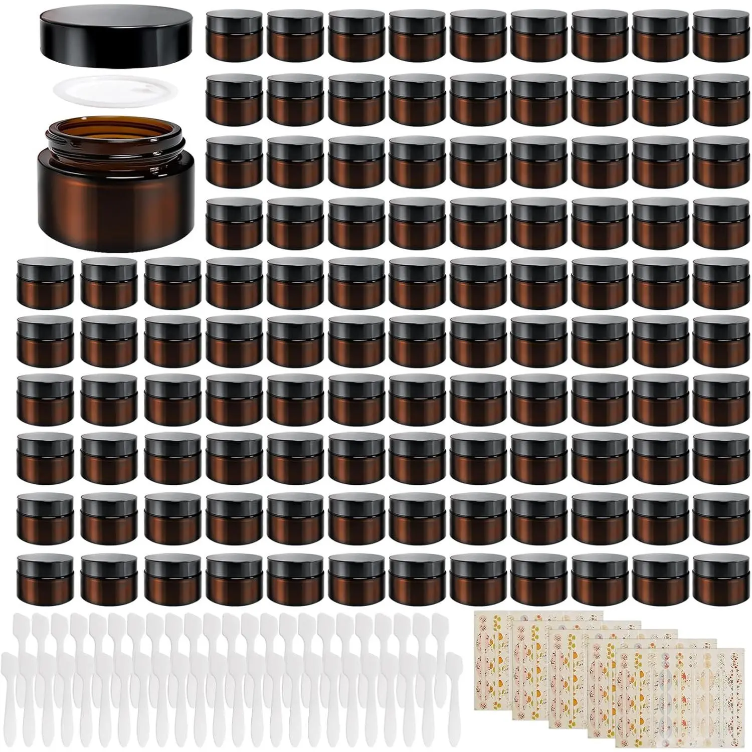 64 Pcs 1oz Glass Jars with Lids, Small Cosmetic Containers Bulk Amber Tins Glass with Inner Liners, Facial Mask Spoons, and Labels for Travel Lotions, Creams, and Candles (Black Lid)