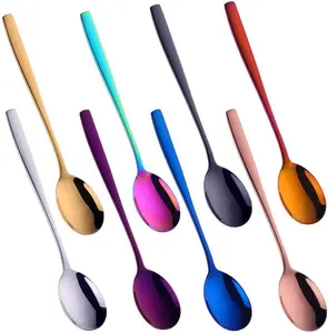 Metal Round Spoons, 8 inch Stainless Steel  Long Handle Korean Soup Spoons, Table Dinner Desert Spoon Set of 8