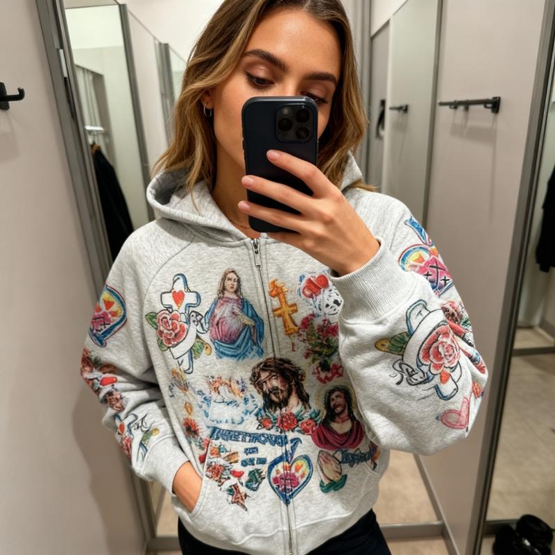 Y2K Religious Tattoo Pattern Zip-Up Hoodie - Cropped Street Style Pullover Sweatshirt, Artistic Print, Casual Loose Fit, Jesus Faith Jacket, Unisex
