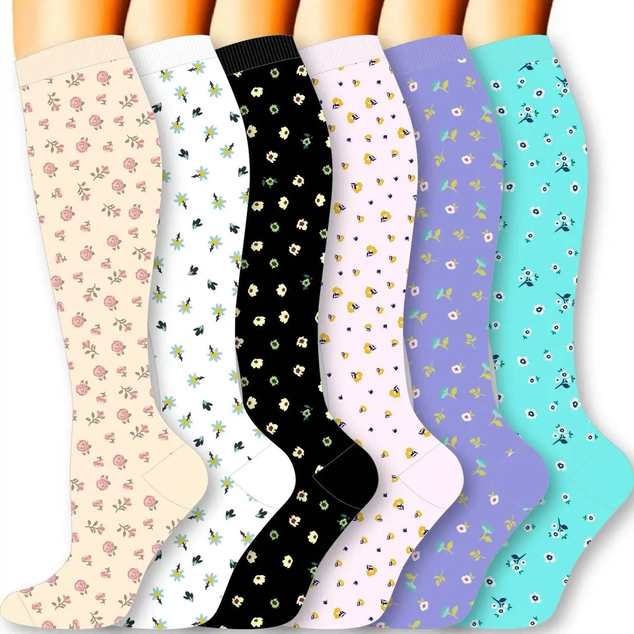 MhzyCaus 6 Pairs Colorful Floral Pattern Compression Socks Soft Breathable Calf Support Socks for Daily Exercise Active Movement Journey