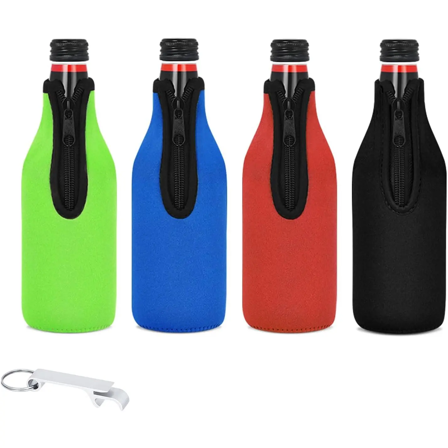 4-Pack Synthetic Neoprene Bottle Cooler Sleeves - Extra Thick Insulation, Zip Closure, Built-In Bottle Opener, Home & Festive Party Supplies for Keeping Beverages Cold