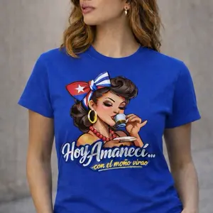 Hoy Amaneci con el moño viro Women's Blue T-Shirt with Cuban Flag Design and Coffee Graphic Womenswear Tshirt Crewneck Shortsleeve