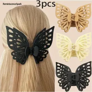 3pcs Minimalist Retro Butterfly Hair Clips – Black & Beige Durable Plastic Design, Elegant Thick Hair Friendly Barrettes Perfect for Casual & Special Occasions