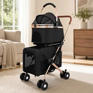 Double Pet Stroller for Dogs Cats Foldable 3-in-1 Convertible Carrier Tote Shockproof Wheels Brake System Safety Leashes Small Medium Pets Multi-Pet Home Travel Black Carbon Steel, Black Color Options, Carbon steel Material, Product Dimensions: