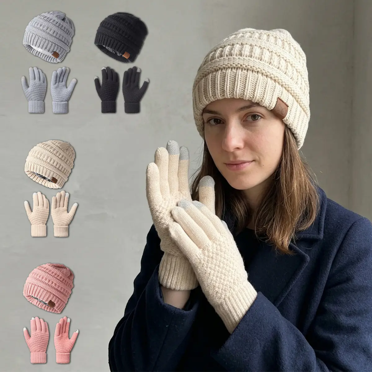 Unisex Knit Hat and Gloves Set Thick Beanie and Gloves Combo Elastic Cuffs Cold Weather Accessory Durable Set for Men and Women Outdoors