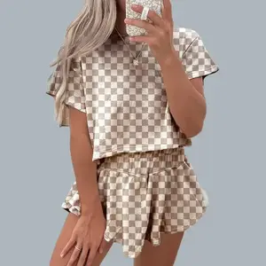 Women‘s Two Piece Set Checkerboard T Shirt and Ruffle High Waist Skort Set 2025 Summer Casual Sets for Daily WearT6N3