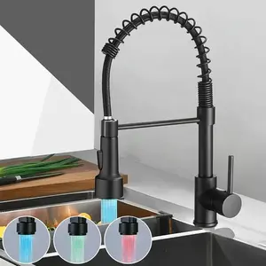 Kitchen Sink Faucet, Pull Down Spring Single Handle Stainless Steel Faucet with Sprayer with LED Light for bar Laundry and Utility Sink faucets (Matte Black)