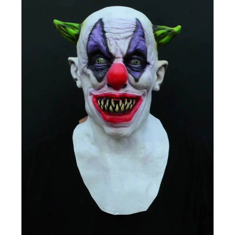 Halloween Creepy Evil Scary Clown Mask Helmet Latex Green Horned Clown Cosplay